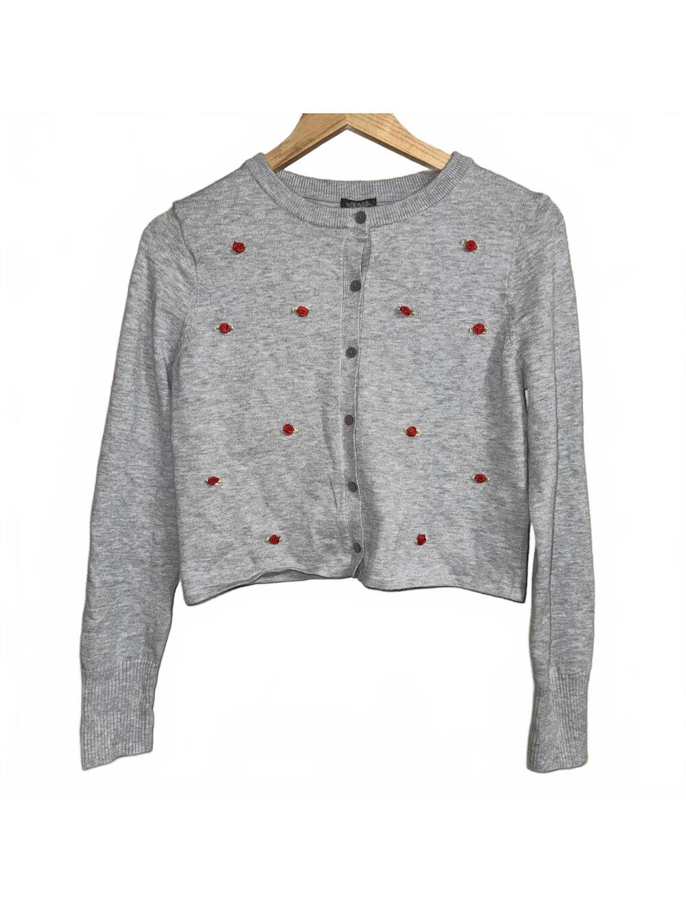 Gray Floral Embroidered Cardigan Crop Top Cottagecore Button Front Sweater